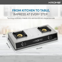 Krome Gas Stove 2 Burners, Auto Ignition, Double Brass Burners, 100MM Brass Burner Cap, LPG Kitchen Cooktop, Cast Iron Burner, Enamel Square Pan Support, Stainless Steel Body, KR-GSC2041