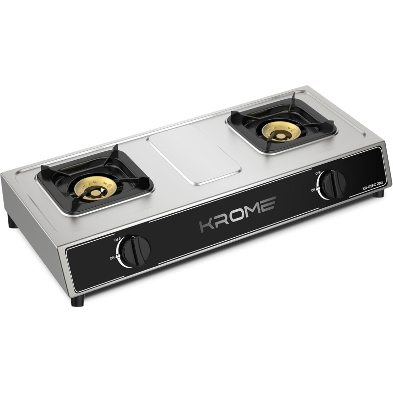 Krome Gas Stove 2 Burners, Auto Ignition, Double Brass Burners, LPG Gas Stove, Cast Iron Burner, Flame Failure Device, Enamel Square Pan Support, CE Approved, Stainless Steel Body, KR-GSFC2041