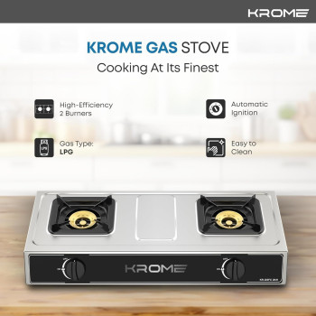 Krome Gas Stove 2 Burners, Auto Ignition, Double Brass Burners, LPG Gas Stove, Cast Iron Burner, Flame Failure Device, Enamel Square Pan Support, CE Approved, Stainless Steel Body, KR-GSFC2041