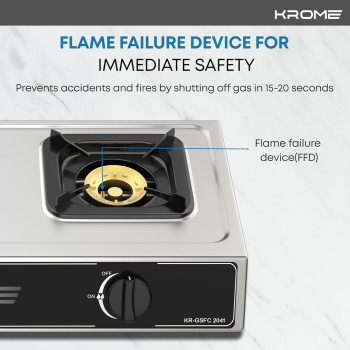 Krome Gas Stove 2 Burners, Auto Ignition, Double Brass Burners, LPG Gas Stove, Cast Iron Burner, Flame Failure Device, Enamel Square Pan Support, CE Approved, Stainless Steel Body, KR-GSFC2041