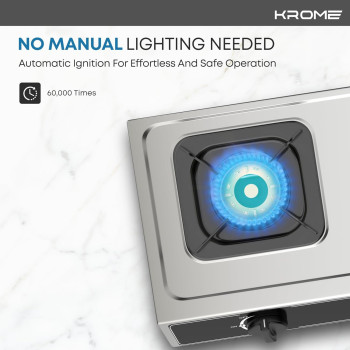 Krome Gas Stove 2 Burners, Auto Ignition, Double Brass Burners, LPG Gas Stove, Cast Iron Burner, Flame Failure Device, Enamel Square Pan Support, CE Approved, Stainless Steel Body, KR-GSFC2041