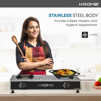 Krome Gas Stove 2 Burners, Auto Ignition, Double Brass Burners, LPG Gas Stove, Cast Iron Burner, Flame Failure Device, Enamel Square Pan Support, CE Approved, Stainless Steel Body, KR-GSFC2041