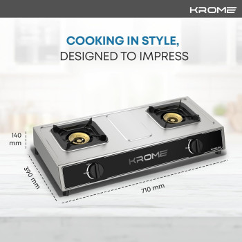 Krome Gas Stove 2 Burners, Auto Ignition, Double Brass Burners, LPG Gas Stove, Cast Iron Burner, Flame Failure Device, Enamel Square Pan Support, CE Approved, Stainless Steel Body, KR-GSFC2041