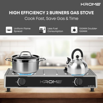 Krome Gas Stove 2 Burners, Auto Ignition, Double Brass Burners, LPG Gas Stove, Cast Iron Burner, Flame Failure Device, Enamel Square Pan Support, CE Approved, Stainless Steel Body, KR-GSFC2041
