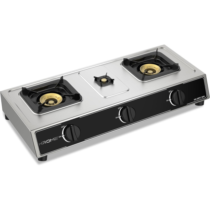 Krome Gas Stove 3 Burners, Auto Ignition, Two 100MM Plus Single 30MM Brass Burner Cap, LPG Cooktop, Flame Failure Device, Enamel Square Pan Support, CE Approved, Stainless Steel Body - KR-GSFC3041