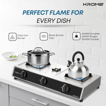 Krome Gas Stove 3 Burners, Auto Ignition, Two 100MM Plus Single 30MM Brass Burner Cap, LPG Cooktop, Flame Failure Device, Enamel Square Pan Support, CE Approved, Stainless Steel Body - KR-GSFC3041