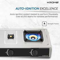 Krome Gas Stove 3 Burners, Auto Ignition, Two 100MM Plus Single 30MM Brass Burner Cap, LPG Cooktop, Flame Failure Device, Enamel Square Pan Support, CE Approved, Stainless Steel Body - KR-GSFC3041