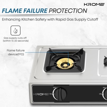 Krome Gas Stove 3 Burners, Auto Ignition, Two 100MM Plus Single 30MM Brass Burner Cap, LPG Cooktop, Flame Failure Device, Enamel Square Pan Support, CE Approved, Stainless Steel Body - KR-GSFC3041