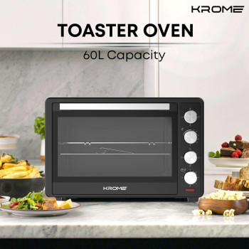KROME Electric Oven 60Litre, 2000W, Rotisserie, Toasting, Baking, Grilling And Broiling, Convection Fan, 60Min Timer With Automatic Shut-Off, KR-OTG60OM (Black)
