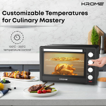 KROME Electric Oven 60Litre, 2000W, Rotisserie, Toasting, Baking, Grilling And Broiling, Convection Fan, 60Min Timer With Automatic Shut-Off, KR-OTG60OM (Black)