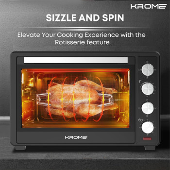 KROME Electric Oven 60Litre, 2000W, Rotisserie, Toasting, Baking, Grilling And Broiling, Convection Fan, 60Min Timer With Automatic Shut-Off, KR-OTG60OM (Black)