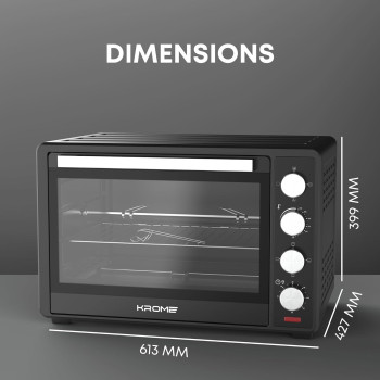 KROME Electric Oven 60Litre, 2000W, Rotisserie, Toasting, Baking, Grilling And Broiling, Convection Fan, 60Min Timer With Automatic Shut-Off, KR-OTG60OM (Black)