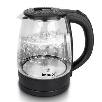 Impex Electric Glass Kettle, High Boron Glass, 360 Degree Turnable Base, Hot Water Kettle Teapot Boiler And Heater, Triple Thermostat, Heat Resistant Handle, Power Indicator 1.8 L 1500 W, STEAMER 1805, Black