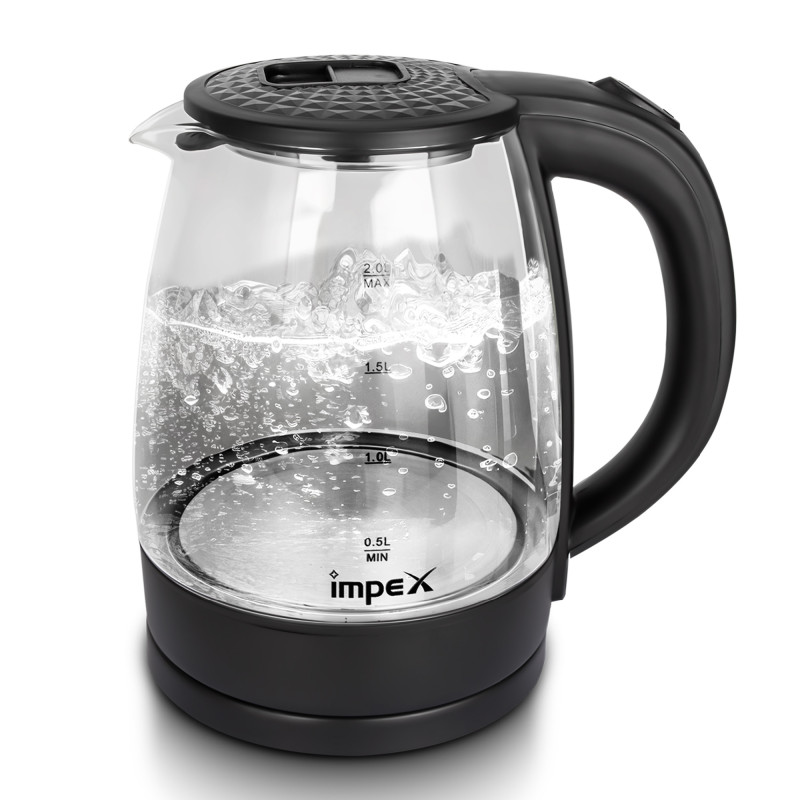 Impex Electric Glass Kettle, High Boron Glass, 360 Degree Turnable Base, Hot Water Kettle Teapot Boiler And Heater, Triple Thermostat, Heat Resistant Handle, Power Indicator 1.8 L 1500 W, STEAMER 1805, Black