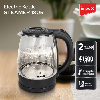 Impex Electric Glass Kettle, High Boron Glass, 360 Degree Turnable Base, Hot Water Kettle Teapot Boiler And Heater, Triple Thermostat, Heat Resistant Handle, Power Indicator 1.8 L 1500 W, STEAMER 1805, Black