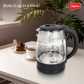 Impex Electric Glass Kettle, High Boron Glass, 360 Degree Turnable Base, Hot Water Kettle Teapot Boiler And Heater, Triple Thermostat, Heat Resistant Handle, Power Indicator 1.8 L 1500 W, STEAMER 1805, Black