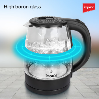 Impex Electric Glass Kettle, High Boron Glass, 360 Degree Turnable Base, Hot Water Kettle Teapot Boiler And Heater, Triple Thermostat, Heat Resistant Handle, Power Indicator 1.8 L 1500 W, STEAMER 1805, Black
