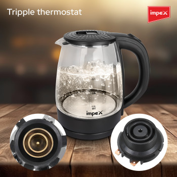 Impex Electric Glass Kettle, High Boron Glass, 360 Degree Turnable Base, Hot Water Kettle Teapot Boiler And Heater, Triple Thermostat, Heat Resistant Handle, Power Indicator 1.8 L 1500 W, STEAMER 1805, Black