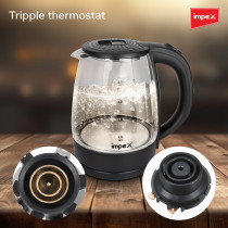 Impex Electric Glass Kettle, High Boron Glass, 360 Degree Turnable Base, Hot Water Kettle Teapot Boiler And Heater, Triple Thermostat, Heat Resistant Handle, Power Indicator 1.8 L 1500 W, STEAMER 1805, Black