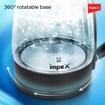 Impex Electric Glass Kettle, High Boron Glass, 360 Degree Turnable Base, Hot Water Kettle Teapot Boiler And Heater, Triple Thermostat, Heat Resistant Handle, Power Indicator 1.8 L 1500 W, STEAMER 1805, Black