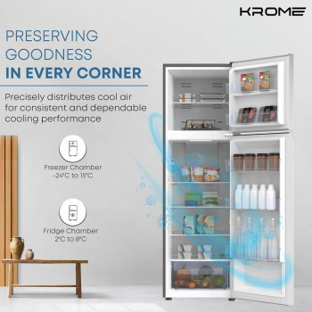 Krome 365L Gross Top Mount Double Door Refrigerator, Automatic Defrost Freezer, Rapid Freezing, A+ Energy, KR-REF 365TS