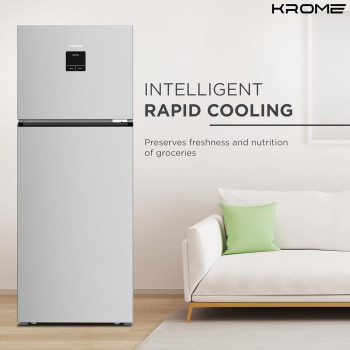 Krome 600L Gross, Top Mount Double Door Refrigerator With LED Display, Automatic Defrost Freezer, A+ Energy Efficiency, Big Capacity Fridge, Silver, KR-RFF600T