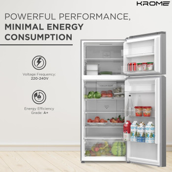 Krome 600L Gross, Top Mount Double Door Refrigerator With LED Display, Automatic Defrost Freezer, A+ Energy Efficiency, Big Capacity Fridge, Silver, KR-RFF600T