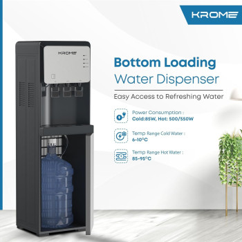 Krome Bottom Loading Water Dispenser, Hot, Cold and Normal Water, Floor Standing, Made With SUS 304 Tank And Food-Grade Silicone Gel Tube, Child Lock For Hot Water, Silver And Black, KR-WDBL 3TB