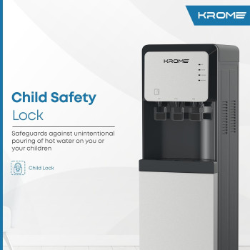 Krome Bottom Loading Water Dispenser, Hot, Cold and Normal Water, Floor Standing, Made With SUS 304 Tank And Food-Grade Silicone Gel Tube, Child Lock For Hot Water, Silver And Black, KR-WDBL 3TB