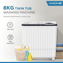 Krome 8Kg Twin Tub Semi-Automatic Washing Machine, Powerful Wash With Mechanical Wash Timer, Intuitive Control, Durable Aluminium Spin Motor, 360W Wash Spin Input Power With 170W, White, KR-WSA80K
