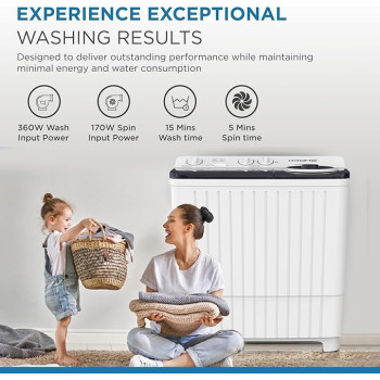 Krome 8Kg Twin Tub Semi-Automatic Washing Machine, Powerful Wash With Mechanical Wash Timer, Intuitive Control, Durable Aluminium Spin Motor, 360W Wash Spin Input Power With 170W, White, KR-WSA80K