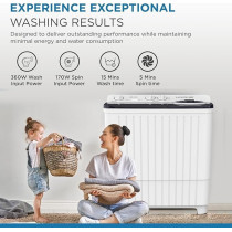 Krome 8Kg Twin Tub Semi-Automatic Washing Machine, Powerful Wash With Mechanical Wash Timer, Intuitive Control, Durable Aluminium Spin Motor, 360W Wash Spin Input Power With 170W, White, KR-WSA80K