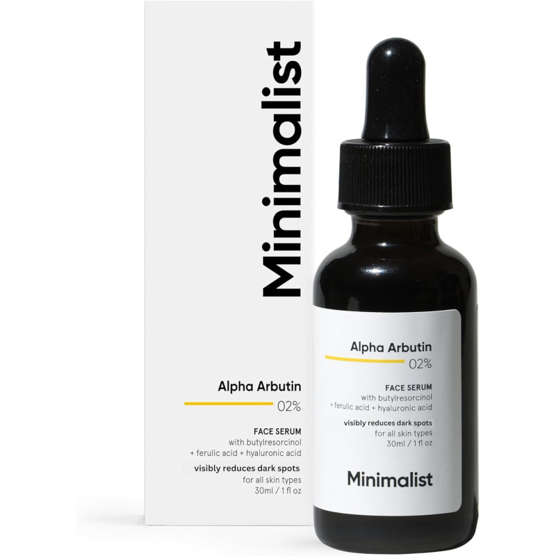 Minimalist Alpha Arbutin 2 Percent Face Serum with Hyaluronic Acid, Targets Dark Spots, Sun Tanning, and Uneven Skin Tone, 30ml