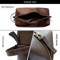 Rubab Men Premium Vegan Leather Waterproof Toiletry Bag, Shaving Kit & Grooming Travel Pouch, Waterproof Lining, Tan Brown, L