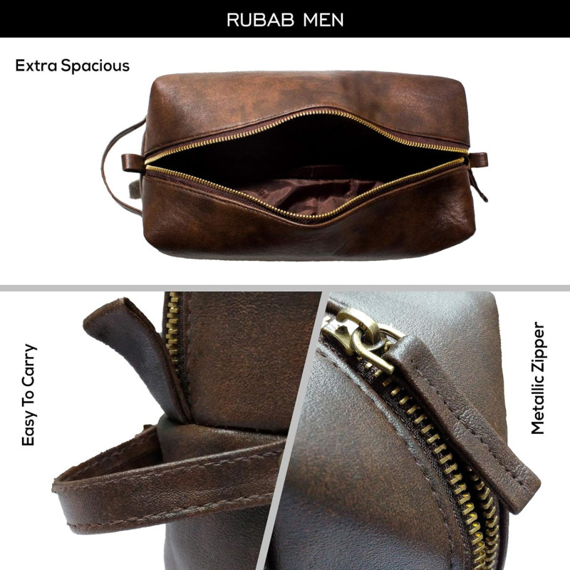 Rubab Men Premium Vegan Leather Waterproof Toiletry Bag, Shaving Kit & Grooming Travel Pouch, Waterproof Lining, Tan Brown, L