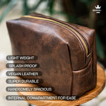 Rubab Men Premium Vegan Leather Waterproof Toiletry Bag, Shaving Kit & Grooming Travel Pouch, Waterproof Lining, Tan Brown, L