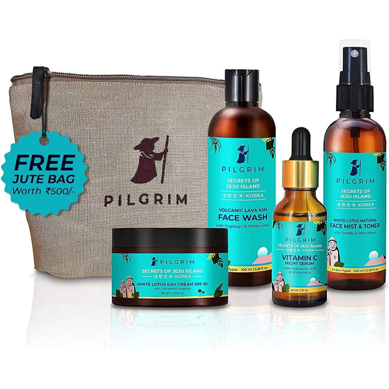 Pilgrim Korean Beauty Flawless Skin Kit With Vitamin C Night Serum, Daily Face Wash, Refreshing Face Mist & Toner, Brightening Day Cream SPF50 100g