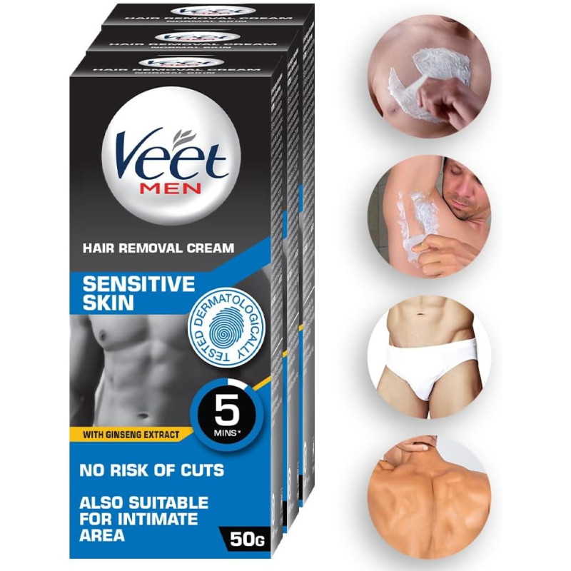 Veet Hair Removal Cream for Men, Sensitive Skin, 50g Each, Pack of 3
