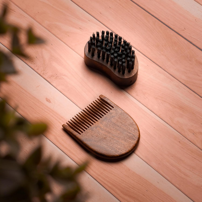 RubabMen Premium Beard Brush And Comb Combo Kit With Nylon Bristles Brush, Wooden Comb, Anti-Dust Storage Pouch, 110g