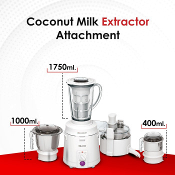 Sujata Multimix Mixer Grinder, 900W With Juicer And Coconut Milk Extractor Attachment And 3 Jars, White