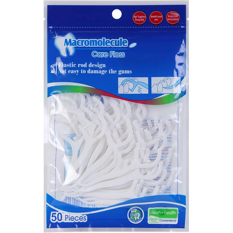 Macromolecule 3 in 1 Tooth Cleaning Dental Floss Toothpicks Plastic Set for Clean Teeth Fresh Breath and Healthy Gums, 50 Piece Set, White