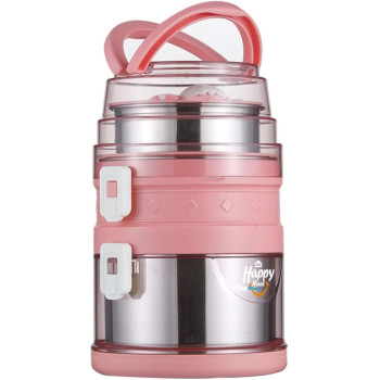 Dream Doodle 3 Layer Lunch Box With Leak-Proof, Heat Preservation Thermal Insulation, Safe Stainless Steel Portion Snack Containers for Adults and Kids, Pink
