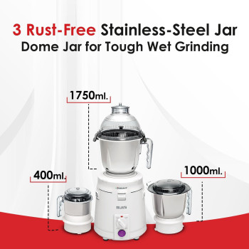 Sujata Dynamix, Mixer Grinder, 900 Watts, 3 Jars (White), 22000 Rotations Per Min, 90 Minutes Continuous Running, 3 Versatile Jars