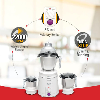 Sujata Dynamix, Mixer Grinder, 900 Watts, 3 Jars (White), 22000 Rotations Per Min, 90 Minutes Continuous Running, 3 Versatile Jars