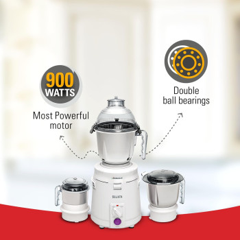 Sujata Dynamix, Mixer Grinder, 900 Watts, 3 Jars (White), 22000 Rotations Per Min, 90 Minutes Continuous Running, 3 Versatile Jars