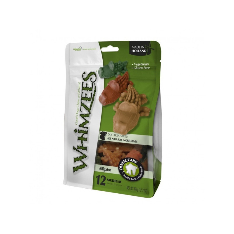 Whimzees Pack Of 12 Alligator Shaped Natural Dog Treat Set, Green/Beige/Brown