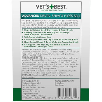 Vet's Best Advanced Dental Spray And Floss Ball For Dogs, White, 120 ml