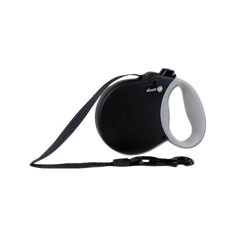 Alcott Adventure Retractable Reflective Belt Leash, 10 Feet Long, Extra Small For Dogs Up To 25 Lbs, Black With Grey Soft Grip Handle
