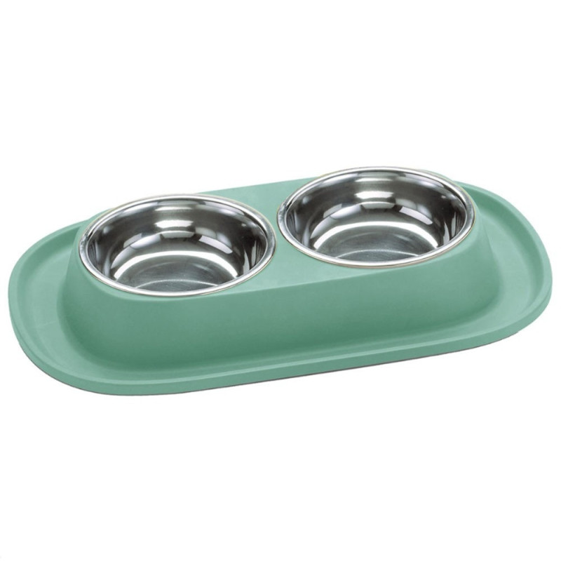 Georplast Soft Touch Stainless Steel Double Bowl For Dog And Cat, 2 x 460Ml, Green