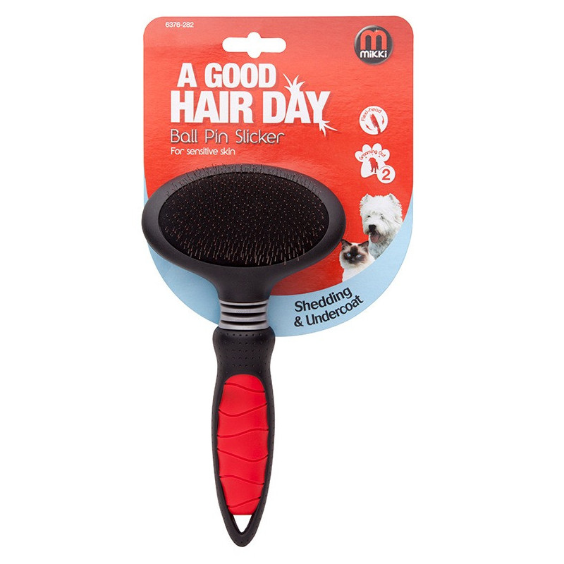 Mikki Dog, Cat, Puppy, Kitten Grooming Ball Pin Slicker Brush For Medium And Large Pets, Black/Red